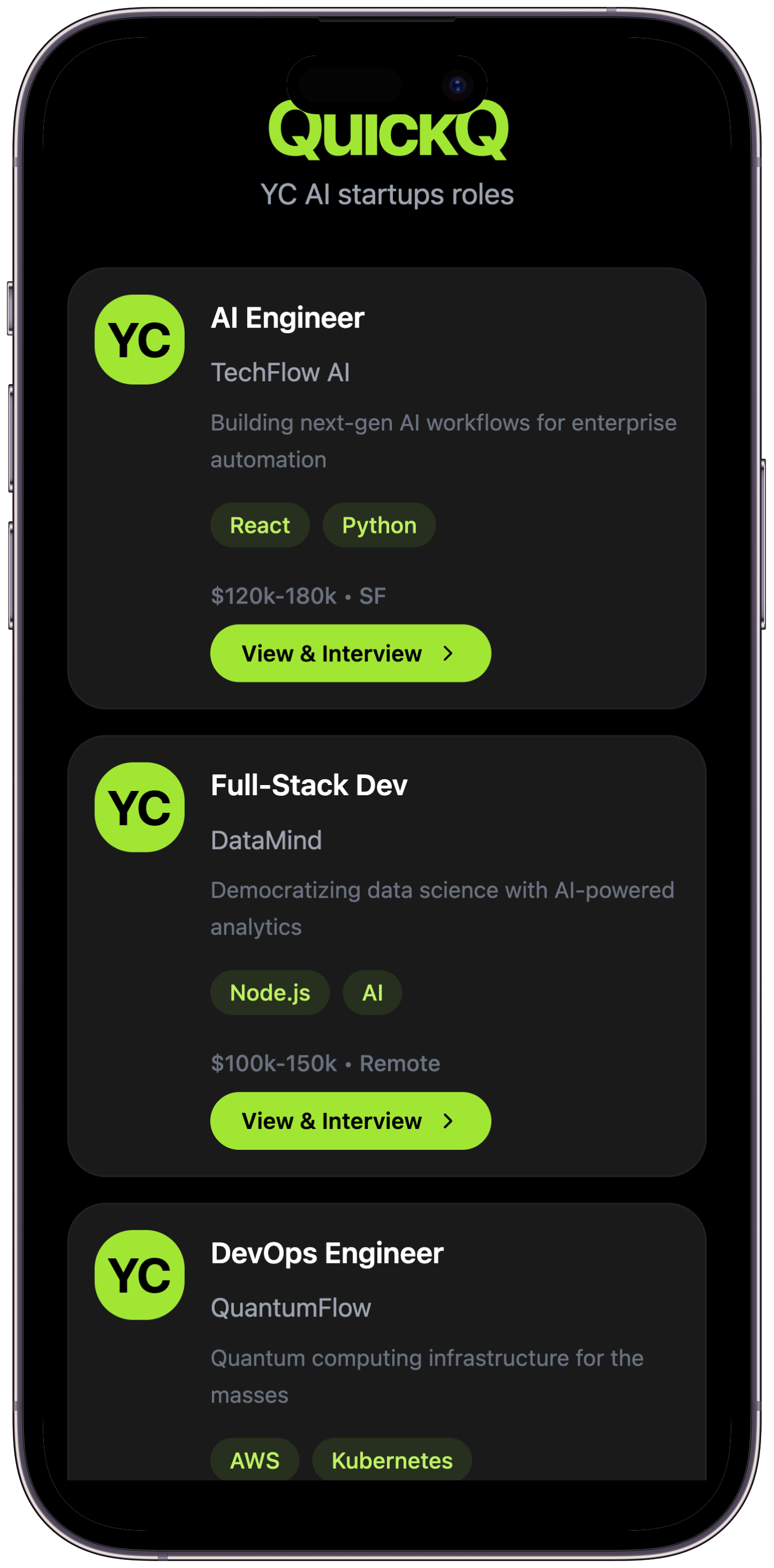 QuickQ mobile app showing YC AI startup job listings interface