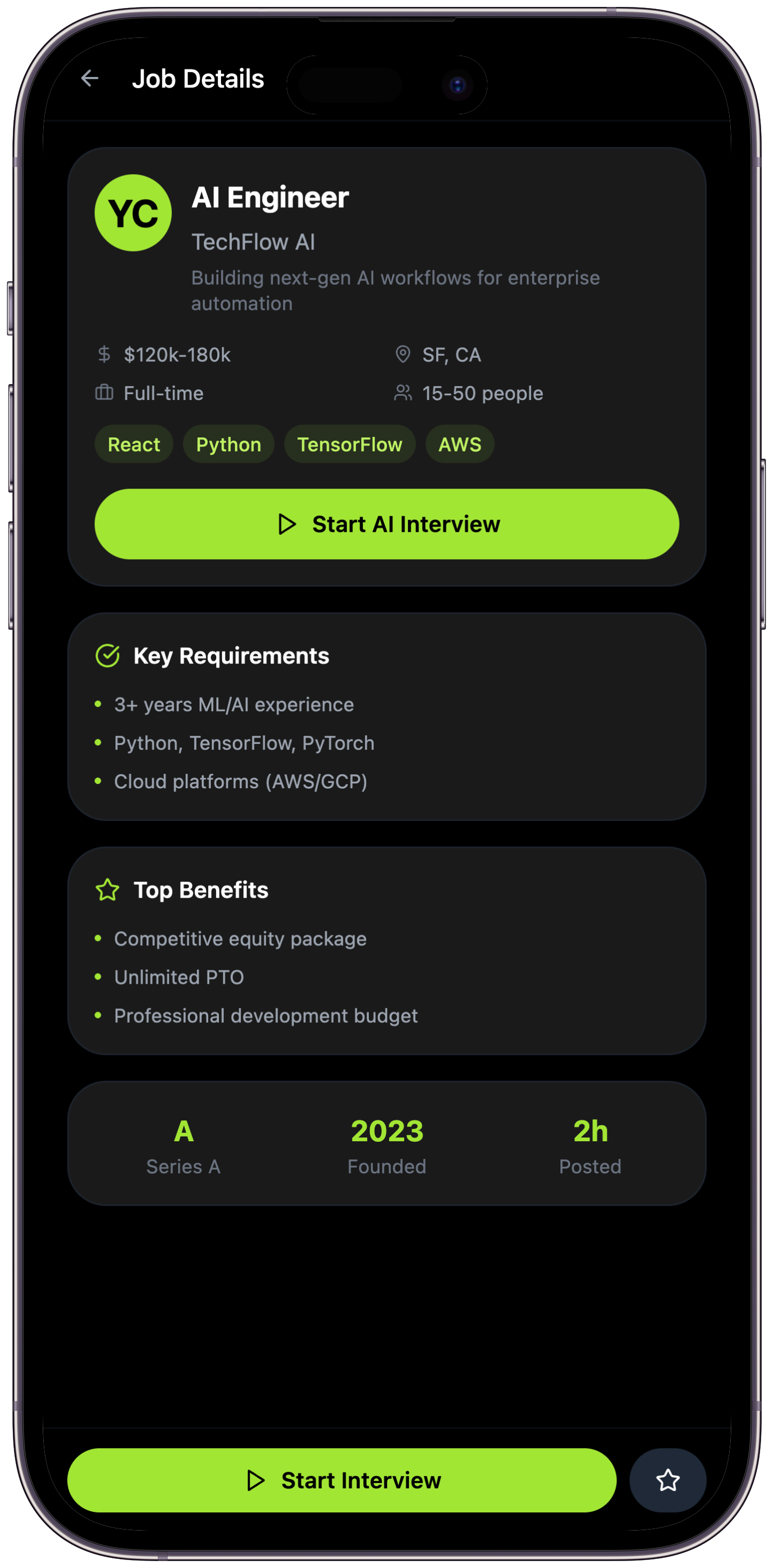 QuickQ mobile app showing detailed job description and company information