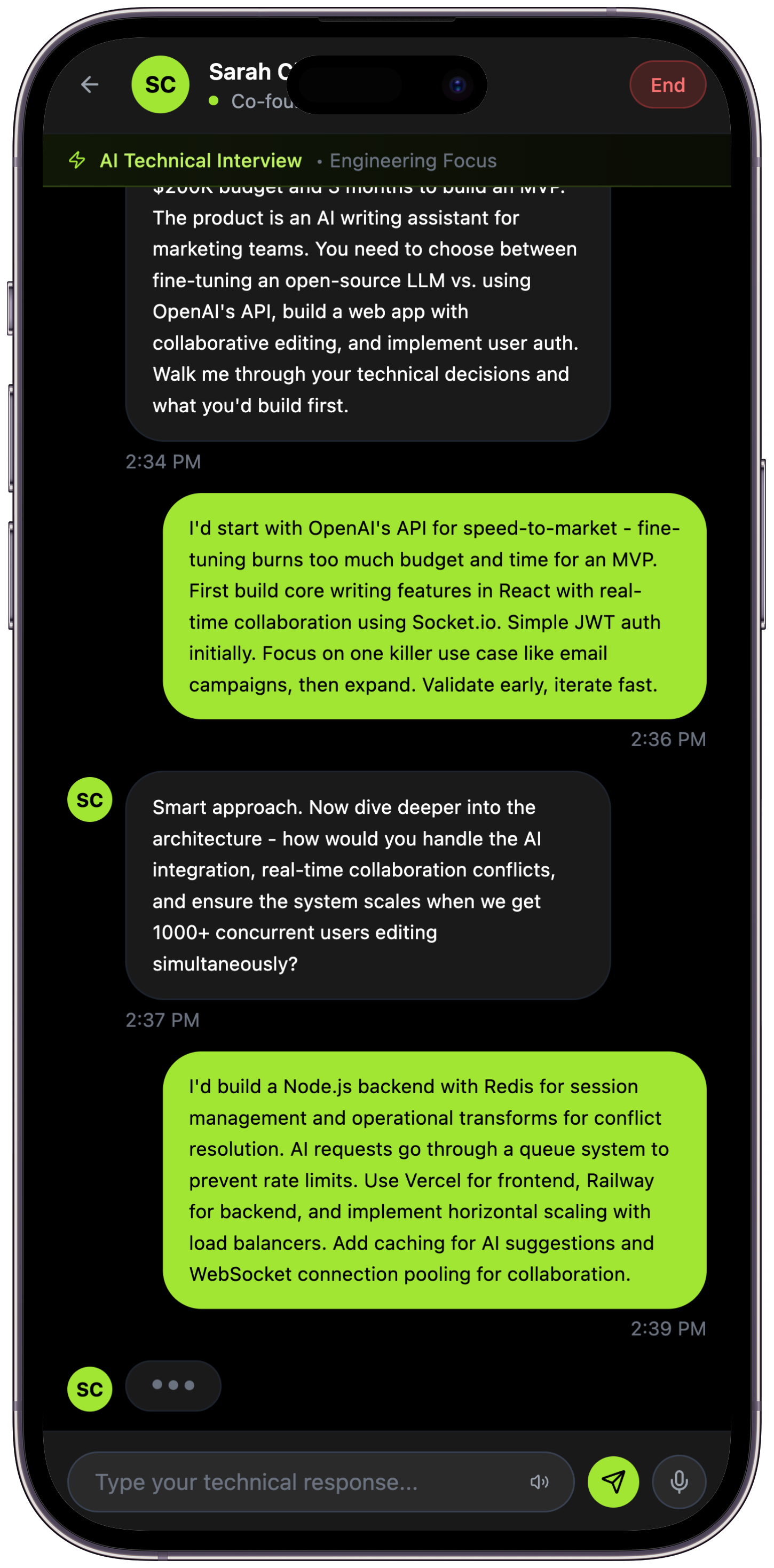 QuickQ mobile app showing live mock interview interface with AI founder