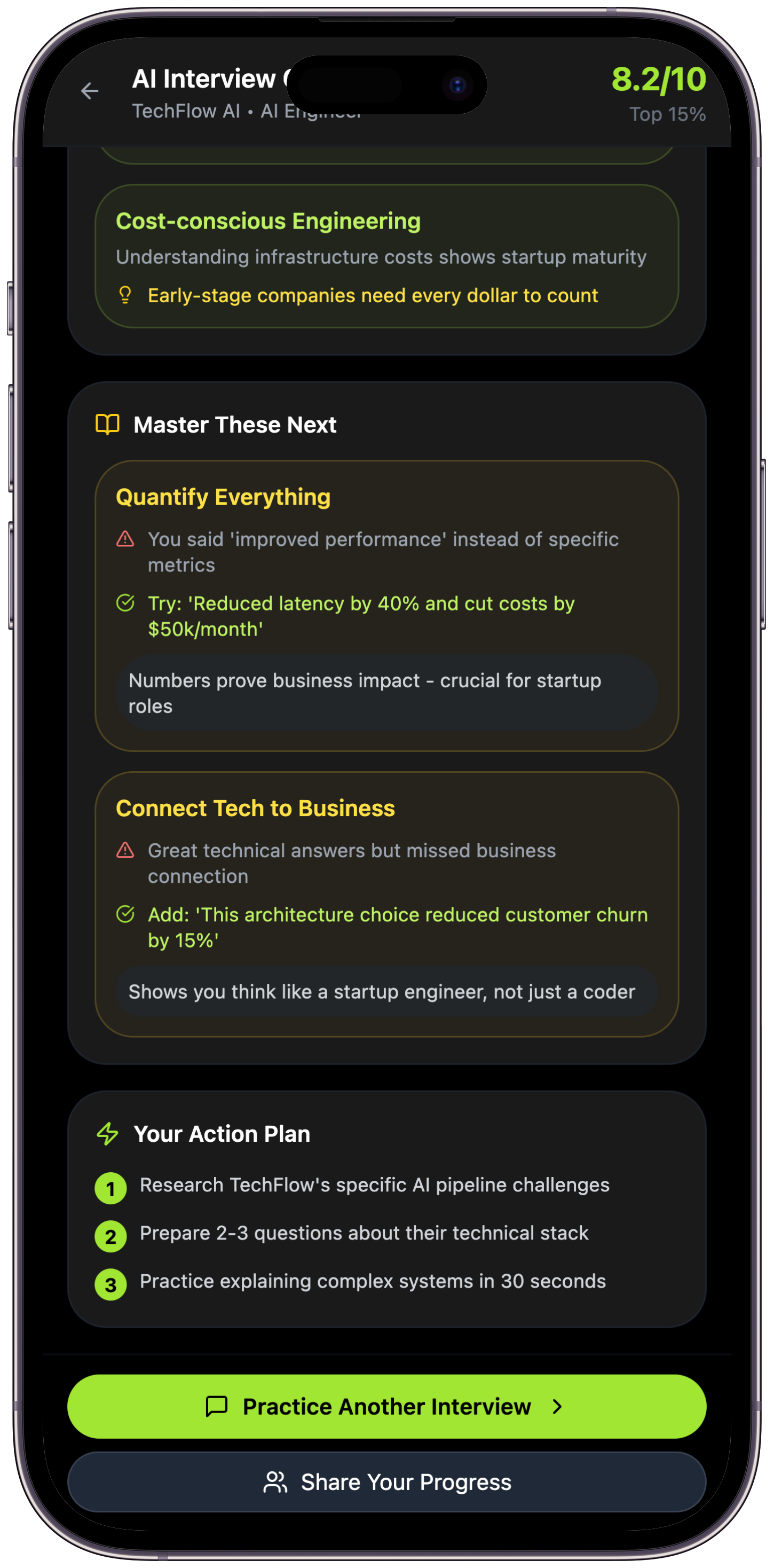 QuickQ mobile app showing interview performance analytics and feedback dashboard